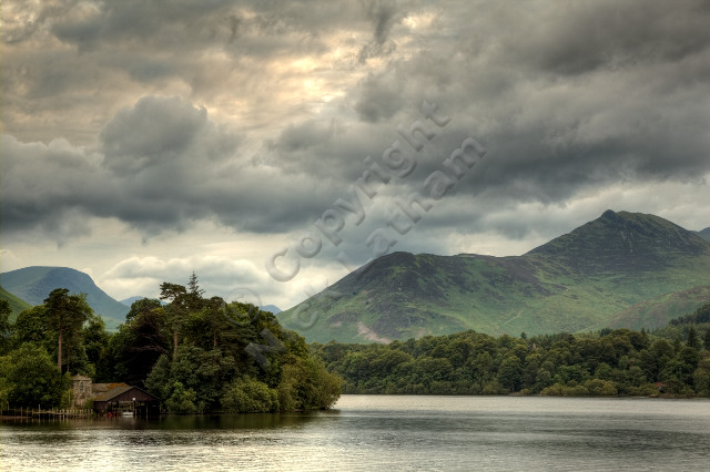 Lake District England UK island boat house hill mountain fell Wainwright cloud overcast Rowling End Causey Pike HDR Derwent Water