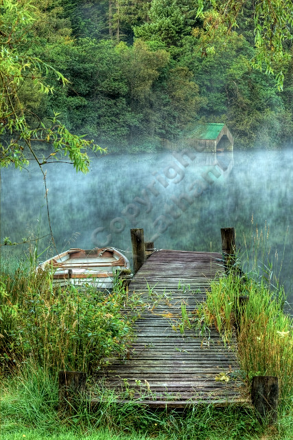 Scotland Trossachs loch lake water reflection jetty boat mist landing reed tree wood calm tranquil peaceful HDR