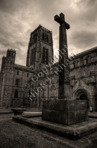 Durham, Cathedral, war memorial, stone, cross, celtic, carving, cloudy, overcast, tower, Norman, sepia, black and white, monochrome, mono