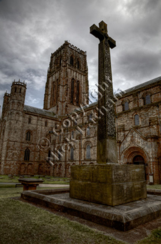 Durham, Cathedral, war memorial, stone, cross, celtic, carving, cloudy, overcast, tower, Norman, HDR